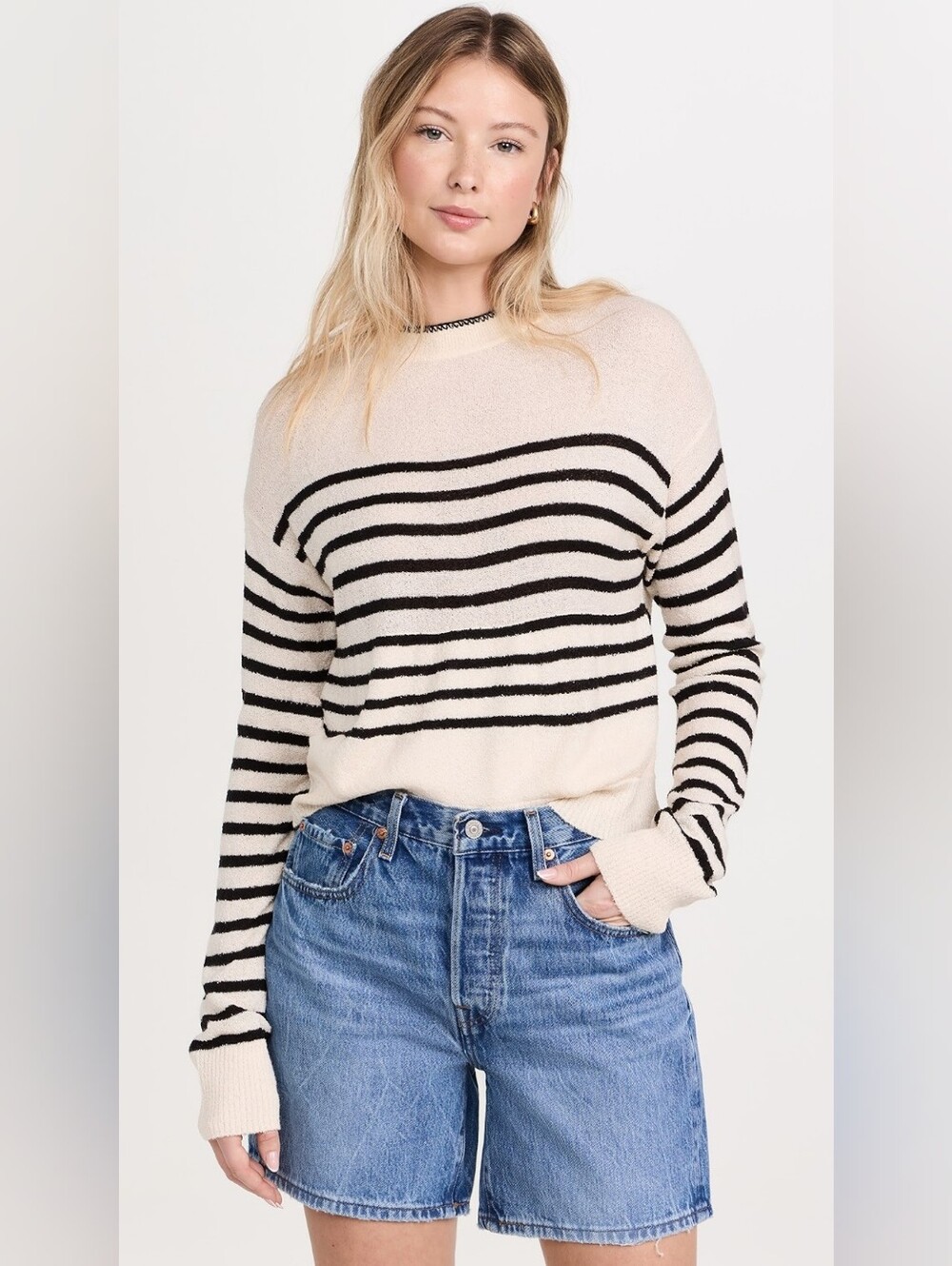 Monrow Boucle Striped Knit Sweater Cream Black Size L Pockets Mock Neck Slouchy